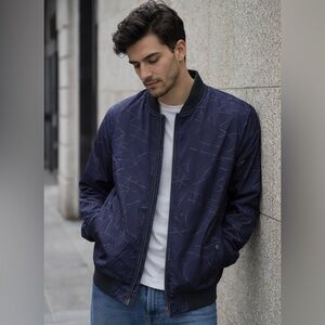 Navy Blue Bomber Jacket with Black Trim